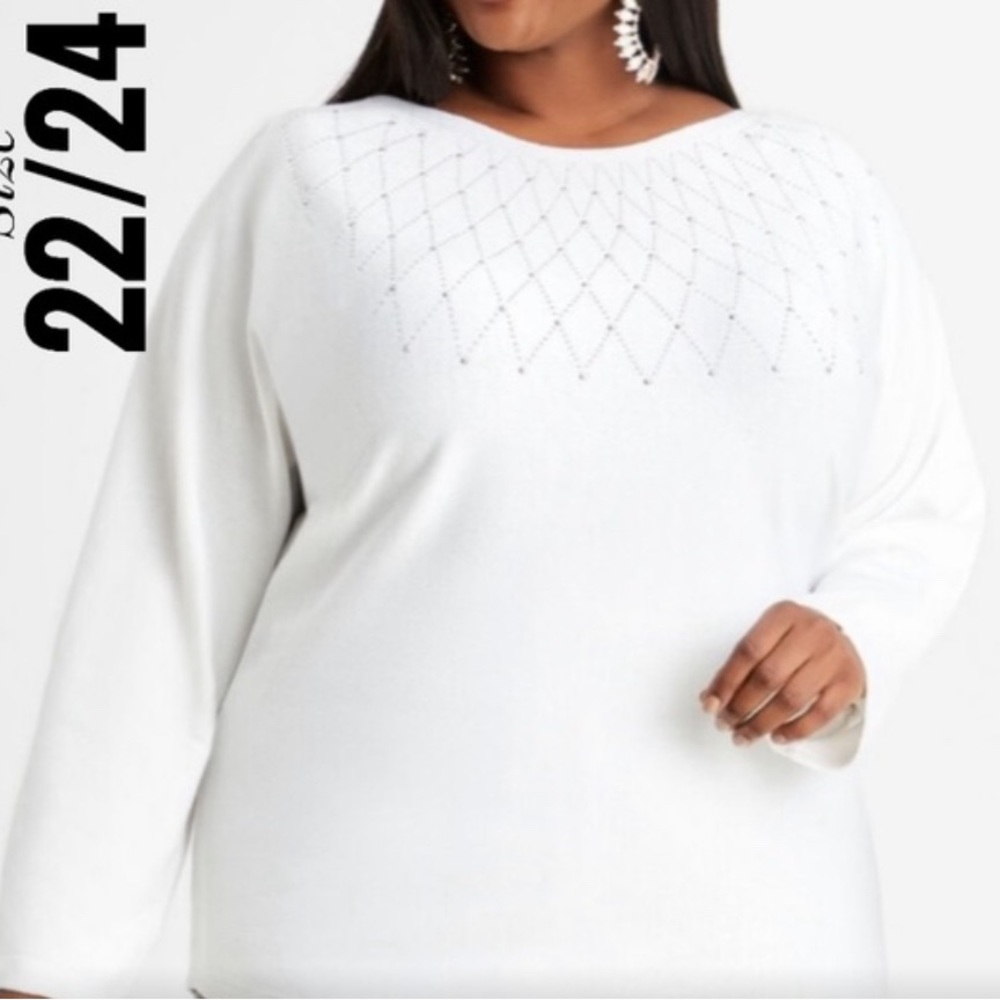 ASHLEY STEWART NWT, Plus Size 22/24 Women’s White Rhinestone Dolman Sleeve Swe…